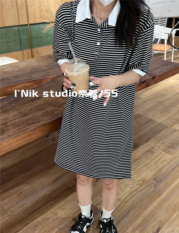 New in early summer! [Naikan Nik] Korean versatile polo collar medium long short sleeve T-shirt 9517# lwy