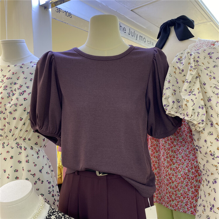 goods in stock! [sauvag] round neck bubble sleeve comfortable short sleeve T-shirt c-662# ll