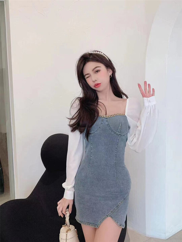 New year in early spring! [tangtangtangjia] design sense contrast color stitching denim slim dress (with collar) (chain can not be removed) 2555# PCZ
