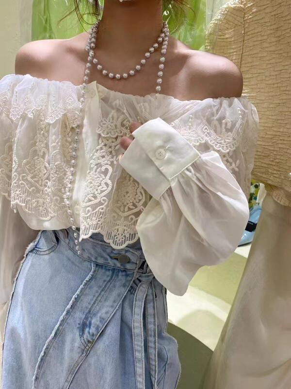 [Tina Mini] temperament little woman lace stitched one shoulder blouse m0157# hjy