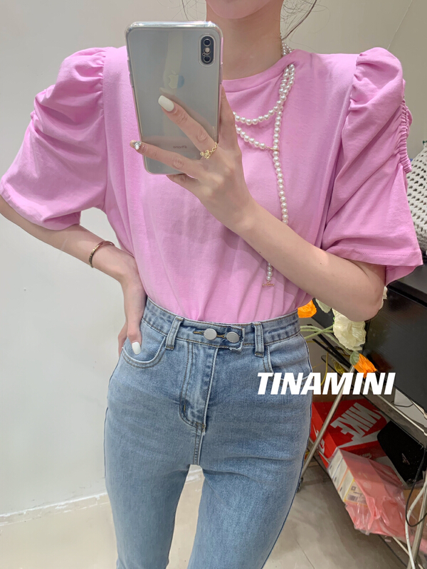 [Tina Mini] Korean style bubble sleeve short sleeve T-shirt (without chain) m0161# hjy