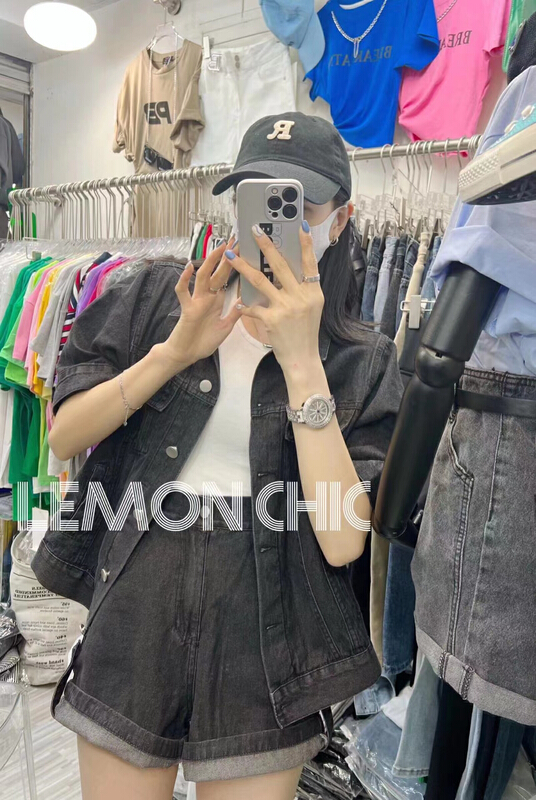 [Dandan] Korean washed denim jacket + versatile Elastic Waist Shorts Set 562# LSW