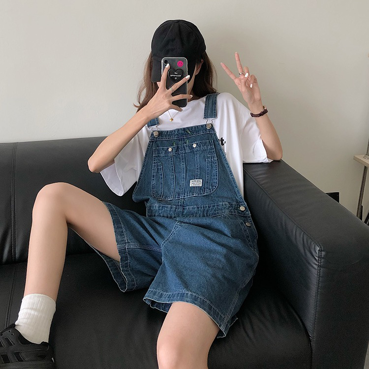 [four seasons] teenage girls small and versatile straight tube loose denim suspenders 8055# LSL