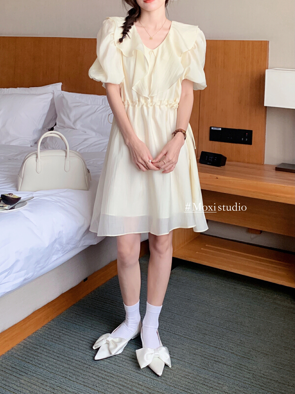 [Moxi] French Korean Ruffle collar slim dress 56560# XJ