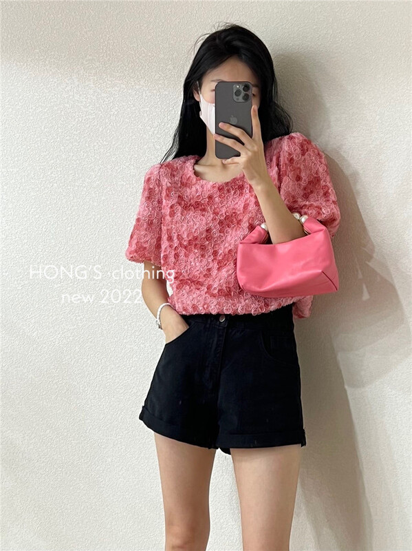 [Hong's] round neck heavy industry three-dimensional flower shirt 2852# ll
