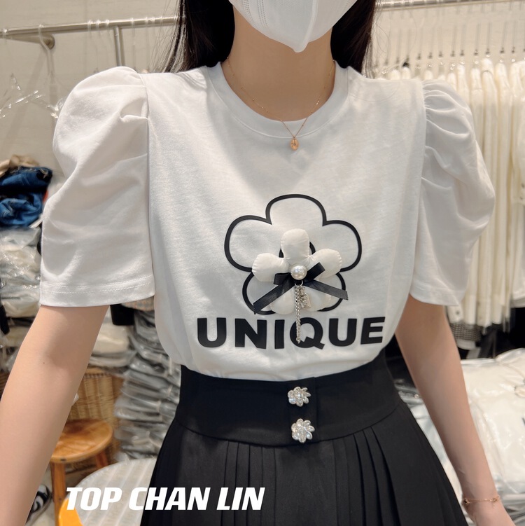 [top Chan Lin] Korean printed bubble sleeve short sleeve T-shirt (flowers can't be removed) 95117-1# cqw