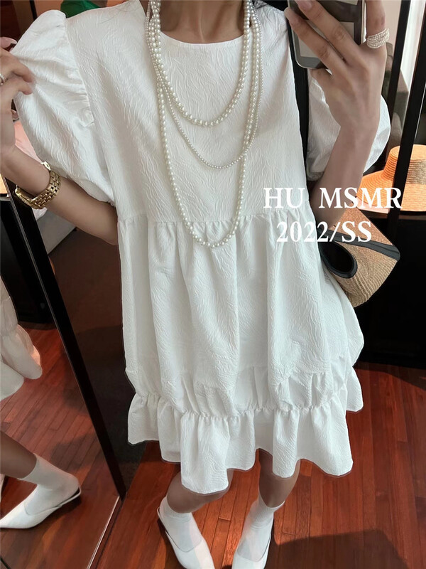 New in early summer! [Hu] French Style Bubble Sleeve round neck short dress 6685# zyh