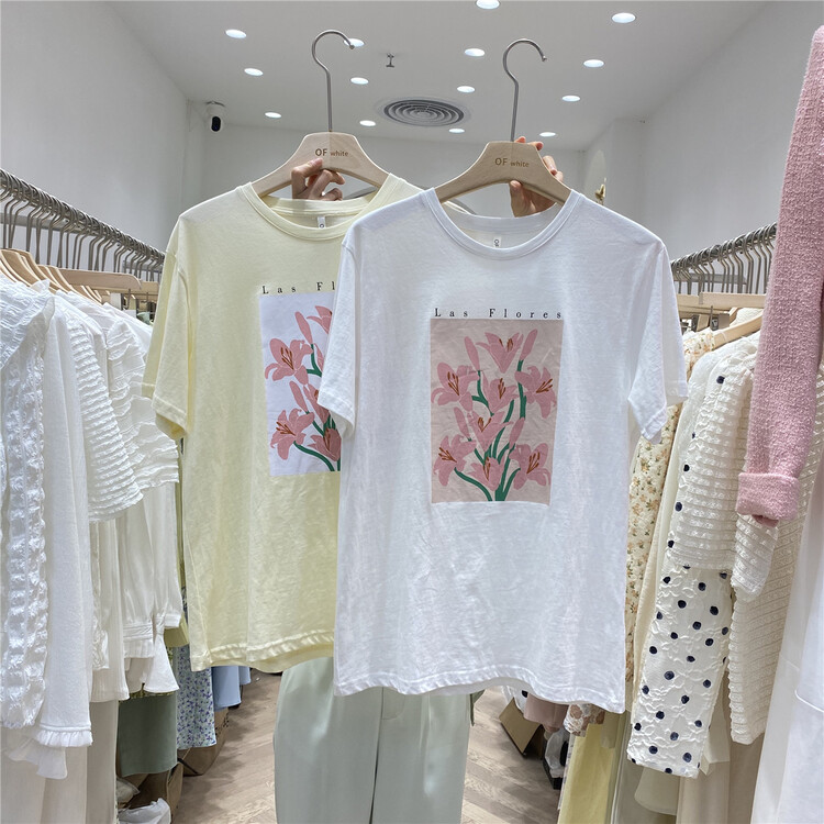 New year in early spring! [of white] Korean print round neck literary style short sleeve T-shirt 881112# hjy