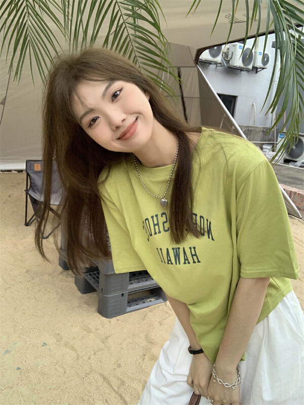 New in early summer! [timely rain] Korean style ins design sense letter printing fashion loose fork irregular short sleeve T-shirt 67059# WPL