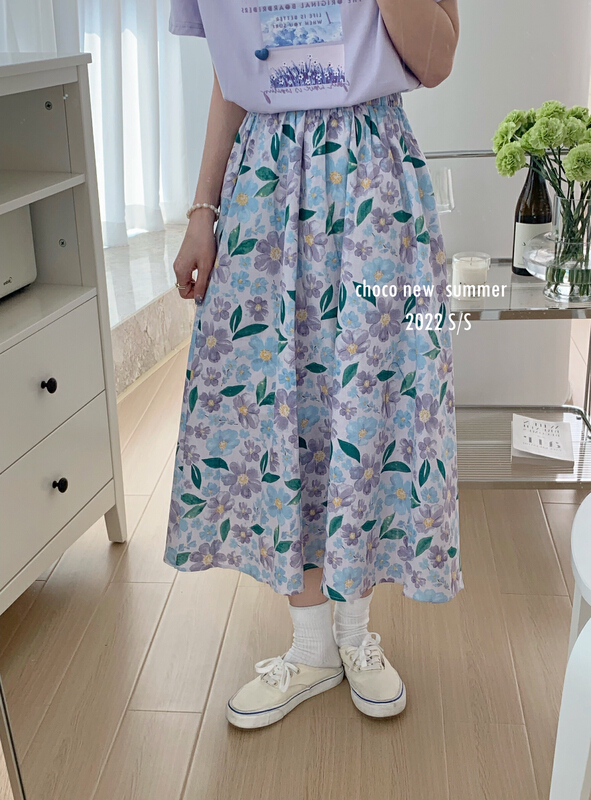 [choco] small fresh printing elastic waist thin skirt 8258# HBx