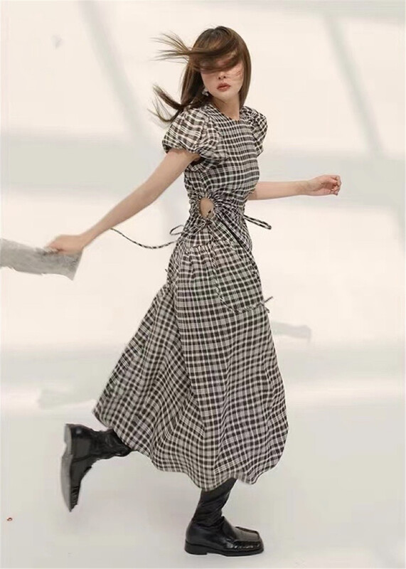 [laga] Plaid lady round neck dress 2309# JJ