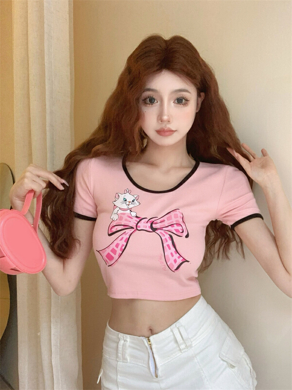 [fan fan] fashion Han fan'er bow print color matching short sleeve T-shirt 5819# JJ