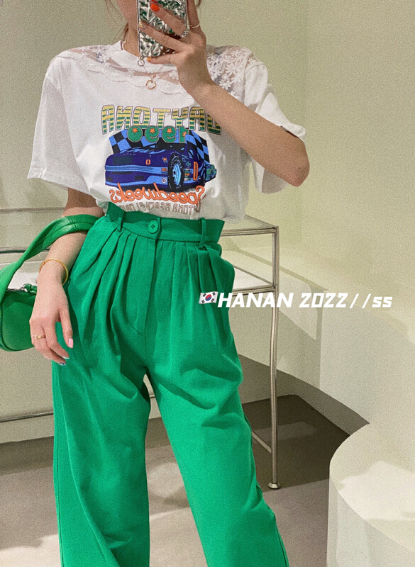 [Hanan] Korean versatile loose large stitched lace hollowed out short sleeve T-shirt ys1-6012# LSL