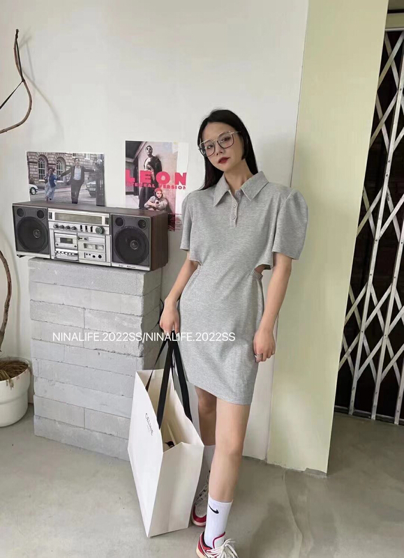 goods in stock! [RM. HH] Polo neck waist puff sleeve dress 8084# PCZ