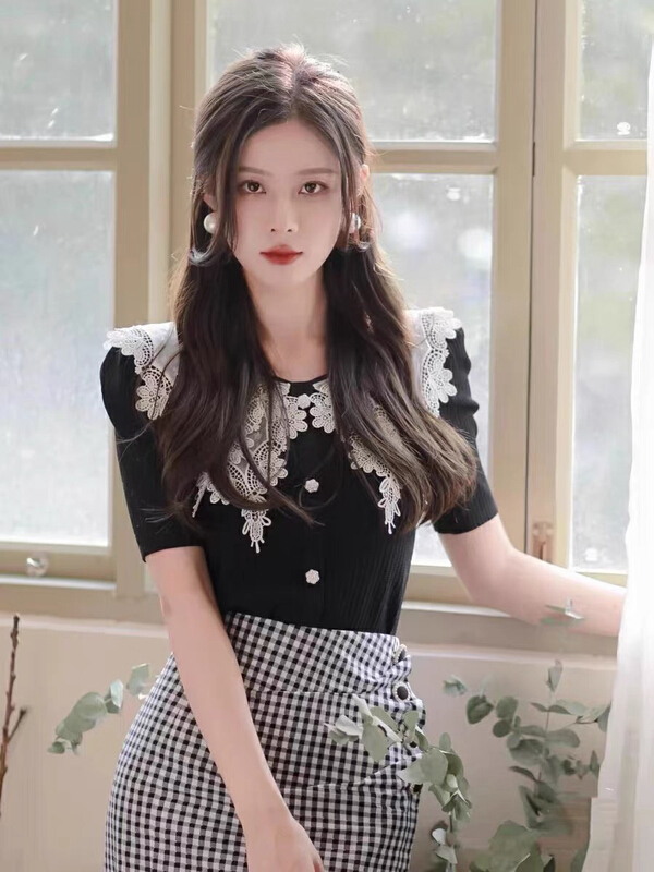 [jun.t] Vintage Lapel bubble sleeve T-shirt + plaid skirt set 5918# PCZ