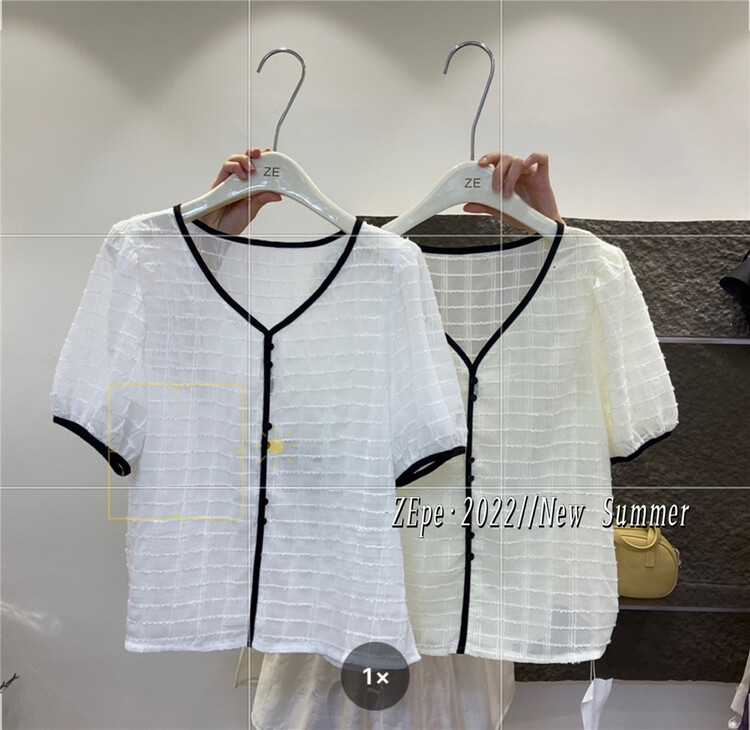 [Ze] V-neck contrast color breasted chiffon shirt 3063# ll