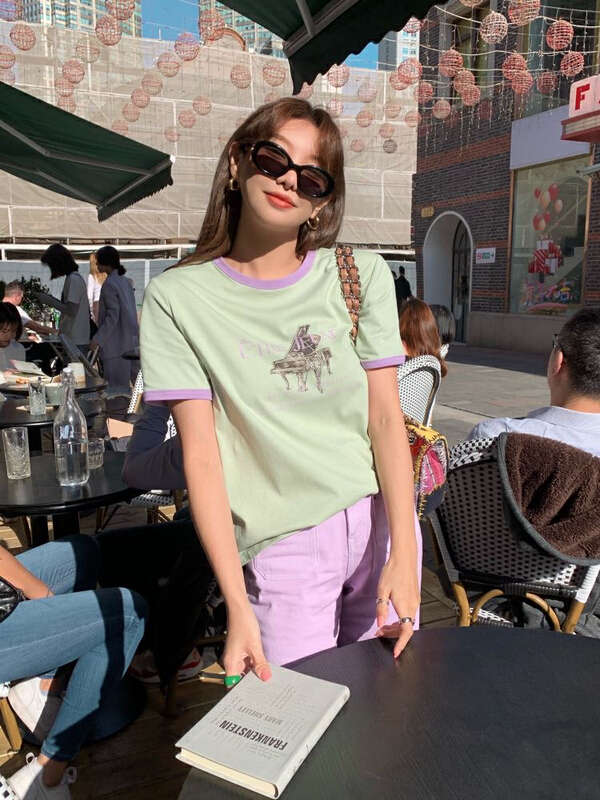 New in early summer! [savage] Korean American retro color contrast letter piano print loose knit e8038# WPL