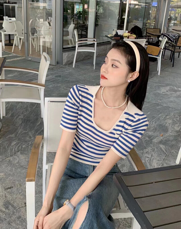 goods in stock! New in early summer! [qiqiyishe] Vintage harbor stripe u Lapel sweater 309# XYY