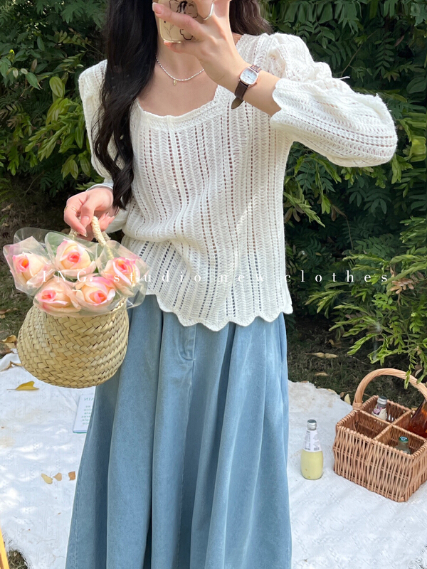 goods in stock! New year in early spring! [ing] Korean Chic French retro square neck wavy edge blouse 7588# ZSY