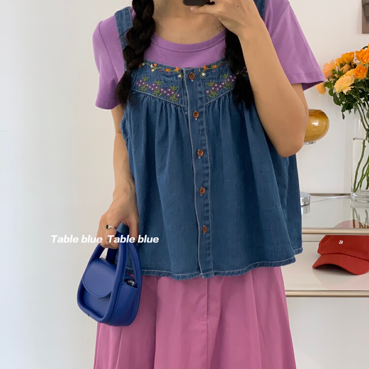 [table blue] Korean Embroidered Denim Vest / sling 2115# LSW