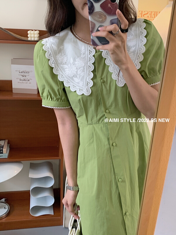 [aimi] Korean lace collar solid medium length dress 10807# HBx