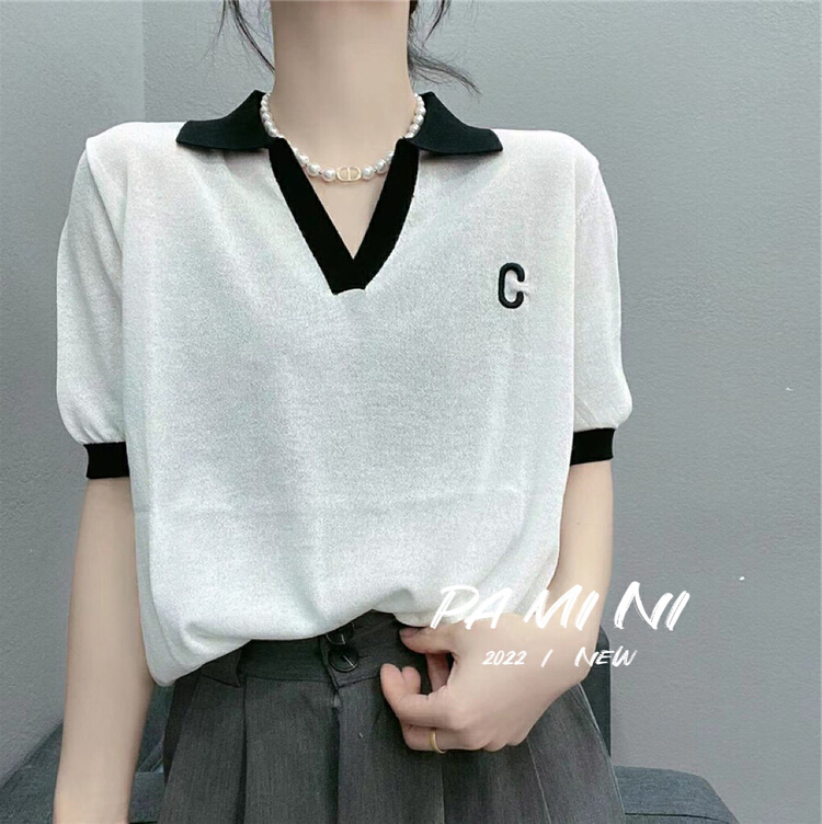 [pamini] letter embroidered Polo neck short sleeve loose knit 22149# Cl