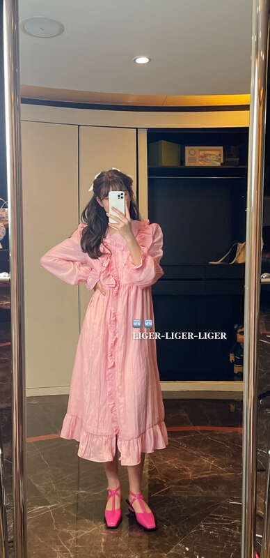 【LIGER】淑女木耳邊寬鬆V領連衣裙  F1051#  WPL