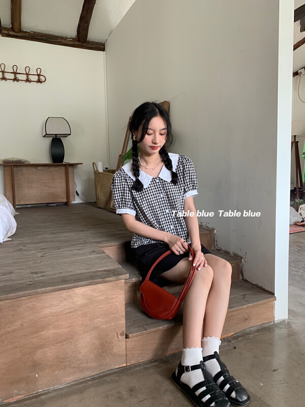 [table blue] Plaid color matching fashion shirt 6184# LSW