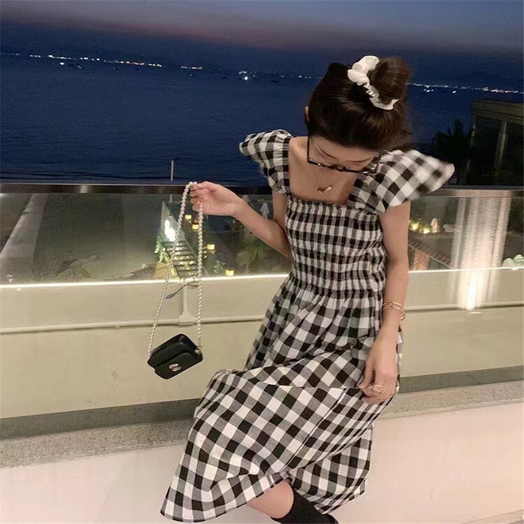 [Han C family] Plaid flying sleeve waist closing dress 9437# PCZ