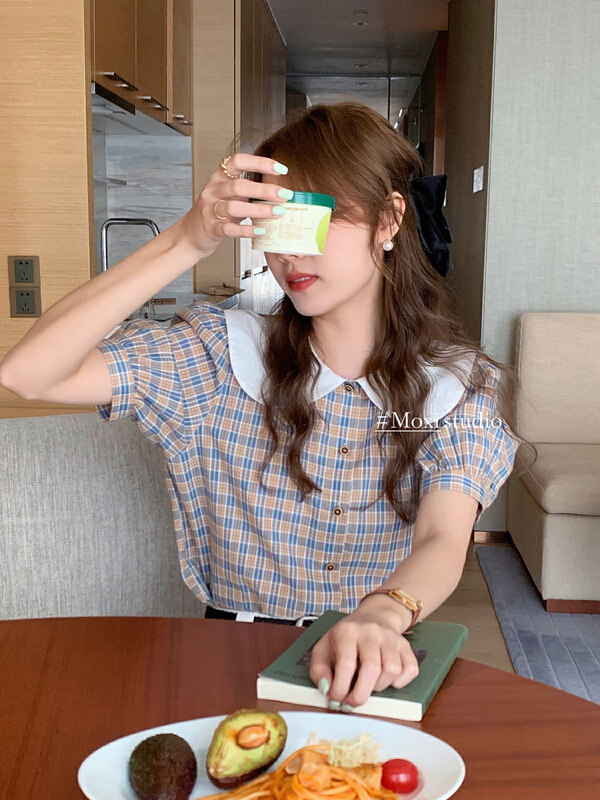 goods in stock! [Moxi] Korean versatile baby collar plaid shirt 6826# XJ