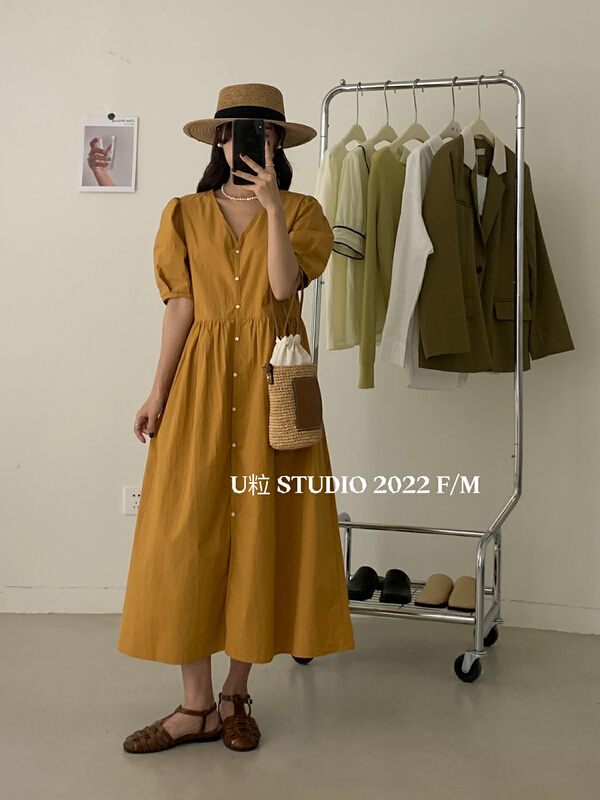 goods in stock! [U grain] Korean bubble sleeve button dress 5236# HBx