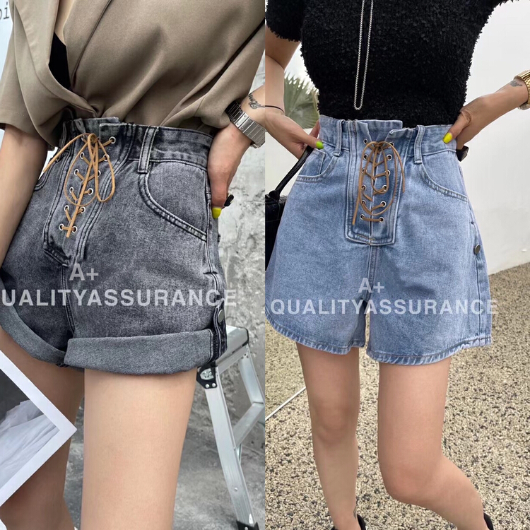 New in early summer! [a +] high waist strapped jeans shorts (with binding rope) 8805# WPL