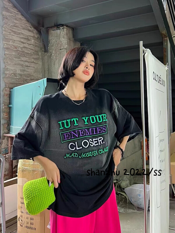 [Shanzhu] Vintage washing and old craft tie dyeing three-dimensional embroidery short sleeve T-shirt 268# XYY