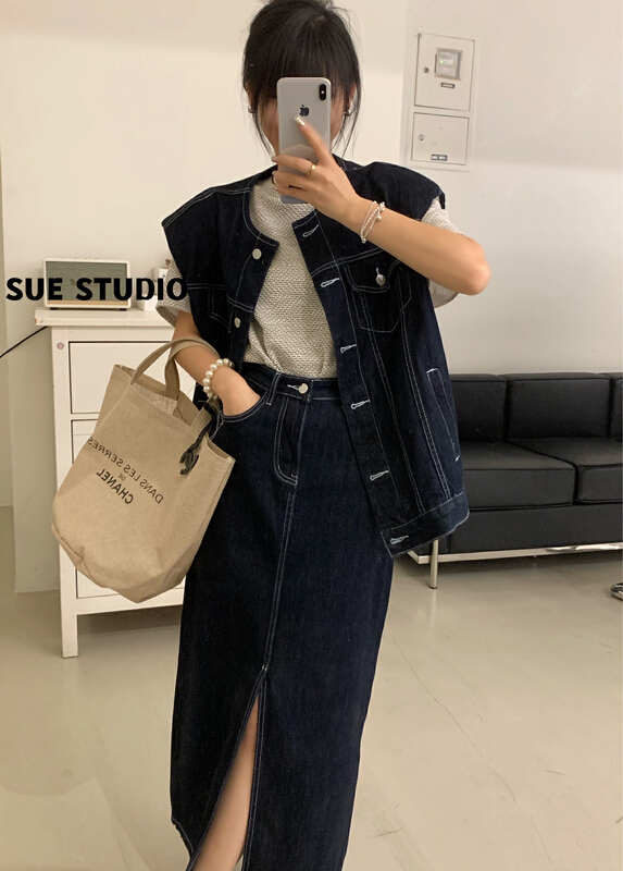 New in early summer! [Sue studio] vintage blue line front split denim skirt 8301-1# ZSY