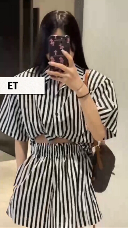 [et] Korean striped short sleeved shirt + simple loose shorts suit (suit only) 5591# PCZ