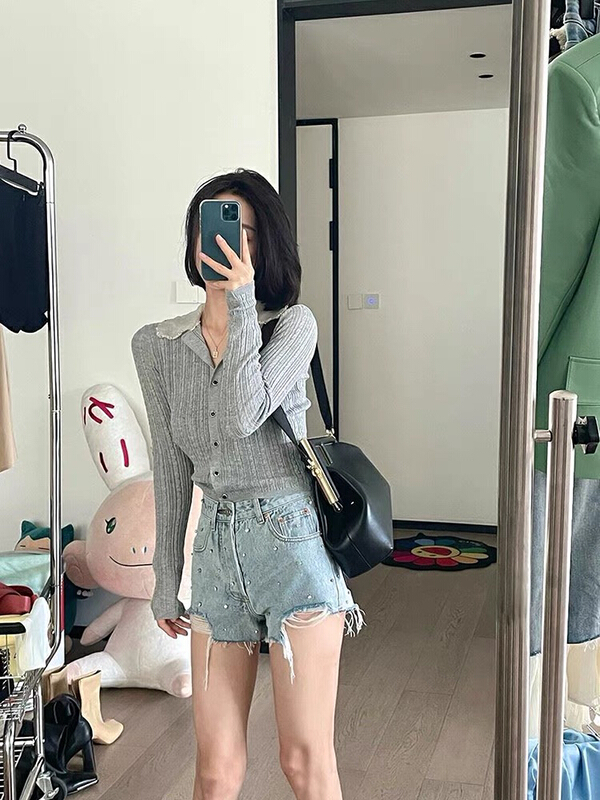 [rasion] fashionable and versatile wear hole Nail Drill denim shorts 6457# LSL