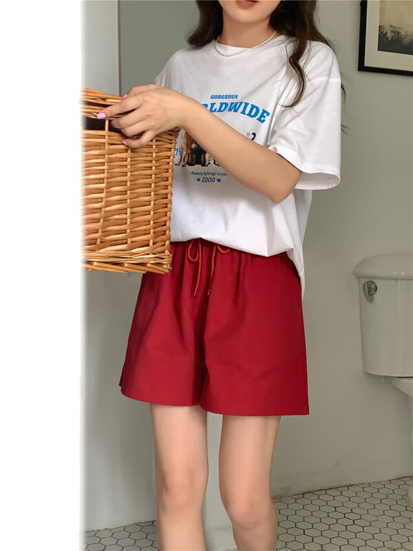 [feeding] simple solid color elastic waist casual shorts 8890-d7# cqw