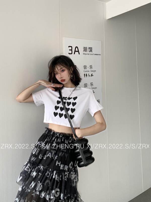 New in early summer! [zhengruxi] Korean version of INS style peach heart print shoulder pad short sleeve T-shirt (shoulder pad cannot be removed) 11611# WTT