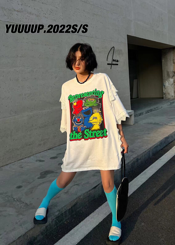 [yuup] cartoon watermark stitching lace short sleeve T-shirt 622092# LSL