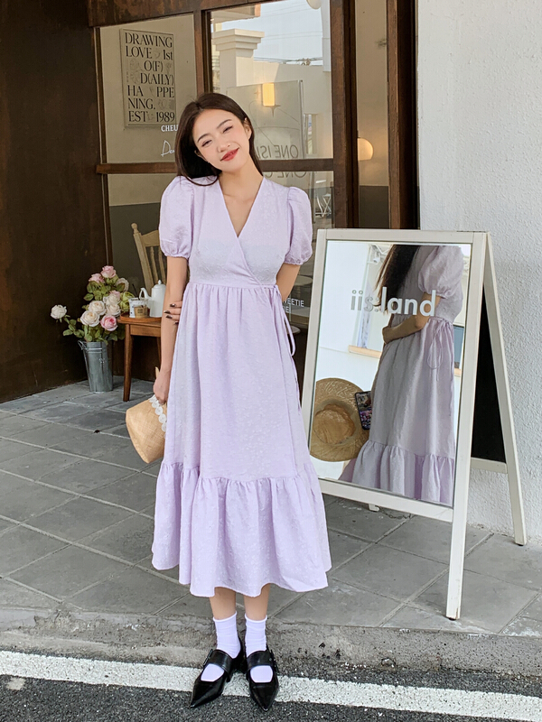 [herb] Korean style one piece lace up bubble sleeve dress s22201082-1# lwy