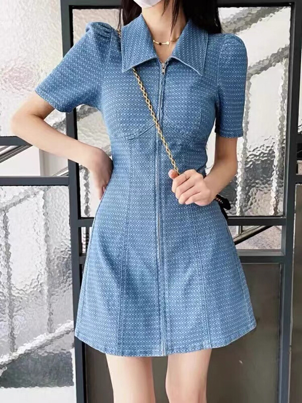 [jun.t] Korean zipper Denim Short Sleeve Dress 6009# PCZ