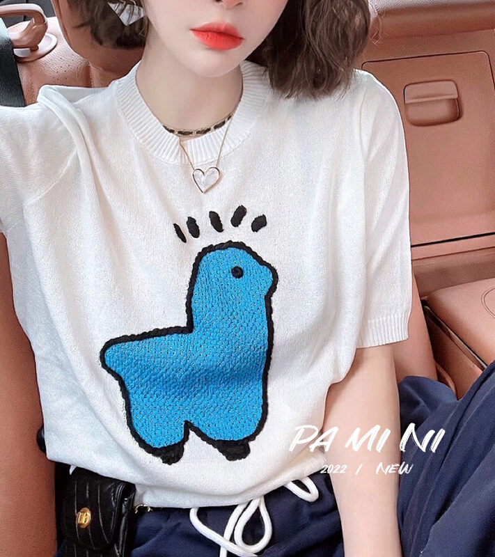 [pamini] Korean cartoon printed short sleeved sweater 22123# Cl