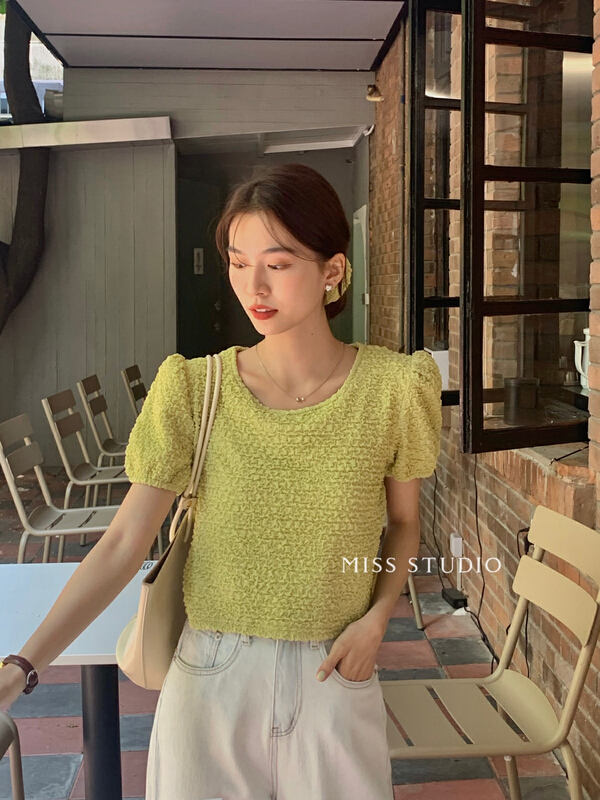 [miss miss miss home] jacquard round neck versatile fashion blouse (with hair circle) f2225# zjy
