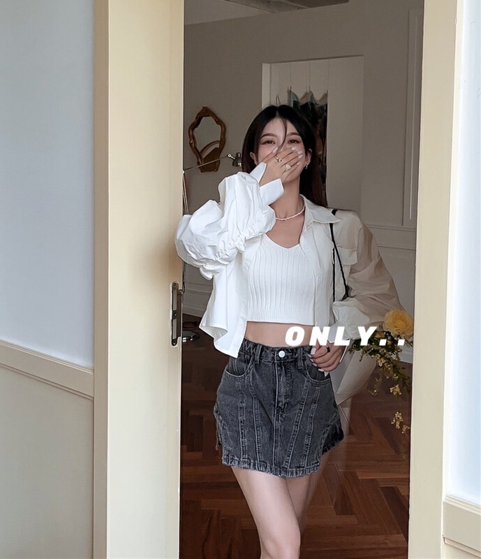 [only] bubble sleeve back slit shirt + simple suspender vest suit 3116# JJ