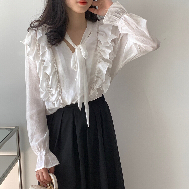 New in early summer! [19. Nineteen] long sleeve light cooked sweet wind lotus leaf lace sunscreen shirt 2106# ll