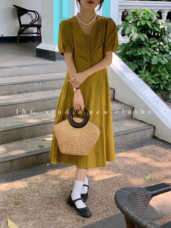 [ing] French temperament V-neck bubble sleeve slim dress 9022# HBx