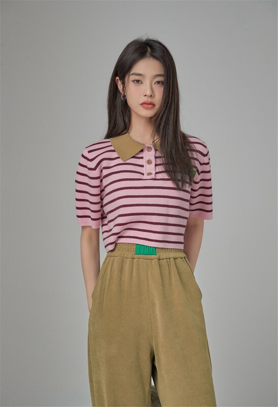 New in early summer! [um. Meters] Polo neck stripe thin sweater 5196# LSL