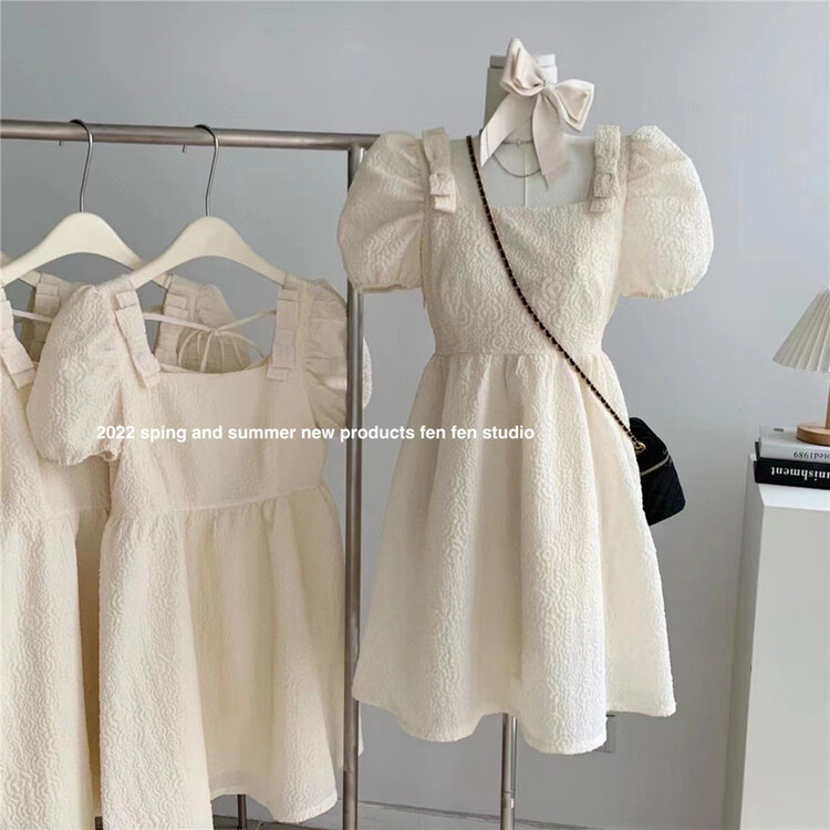 [fne fne] French square neck bubble sleeve waist lace up dress 1501# WPL