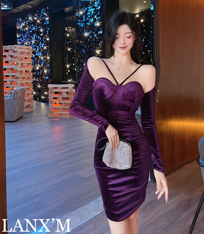 [lanxm] velvet sexy neck dress 16003# cqw