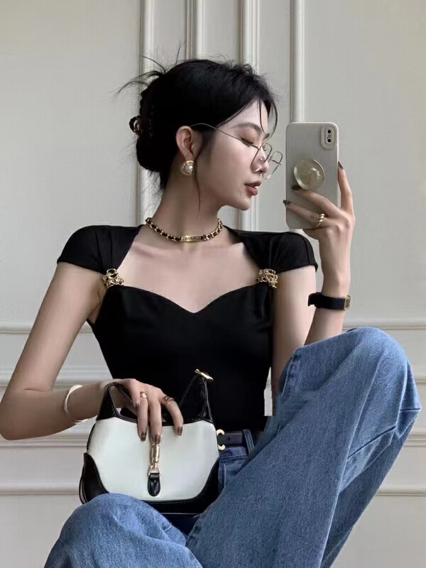 [millet +] Vintage square neck comfortable short sleeve T-shirt 1051# WPL